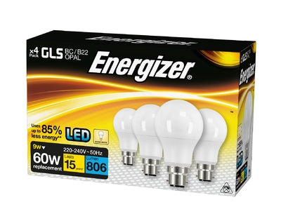 Energizer 60W (9W) B22 GLS Bulbs 4pk