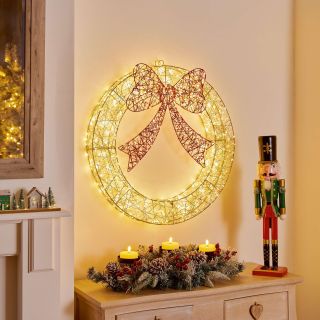 Lit Twist Wreath with Red Bow 70cm