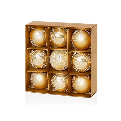 9 Pack Decorated Baubles Gold