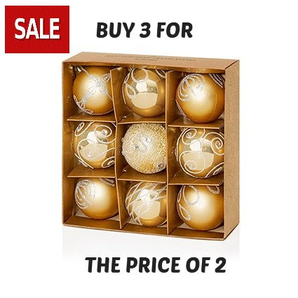 9 Pack Decorated Baubles Gold