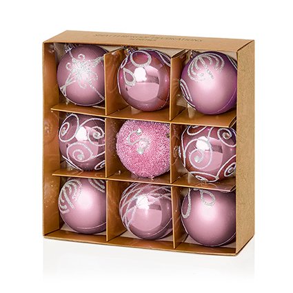 9 Pack Decorated Baubles Pink