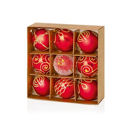 9 Pack Decorated Baubles Red