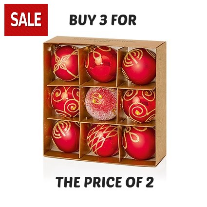 9 Pack Decorated Baubles Red