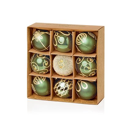 9 Pack Decorated Baubles Sage Green