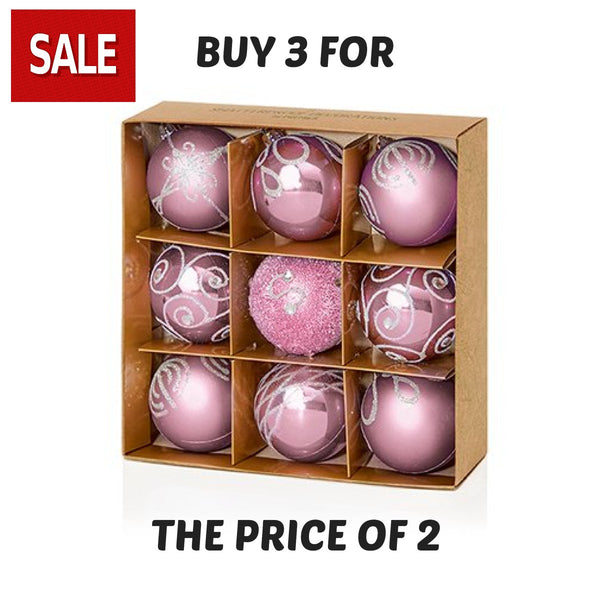 9 Pack Decorated Baubles Pink