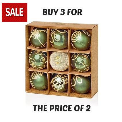 9 Pack Decorated Baubles Sage Green