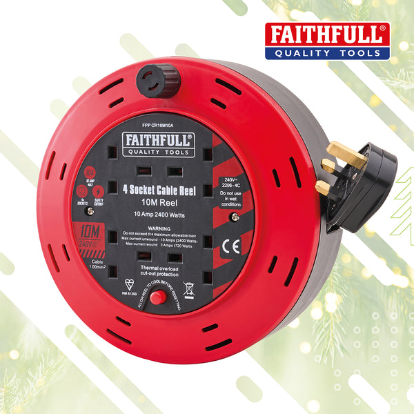 Faithfull 10m Cable Reel 10A, 4 Sockets