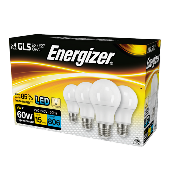 Energizer 60W (9W) E27 GLS Bulbs 4pk